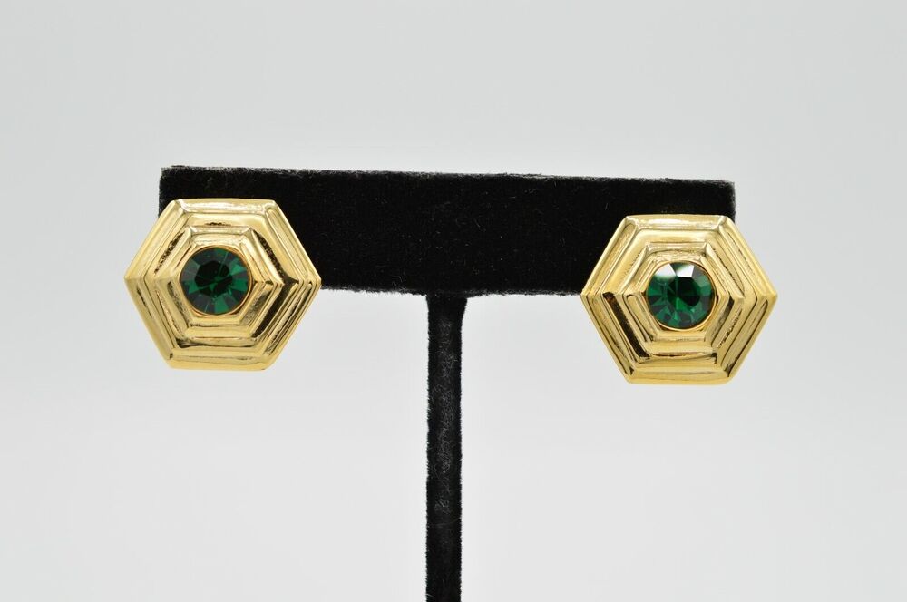 Vintage Crystal Clip On Earrings Green Rhinestone Hexagon Gold NOS 1980s BinAF